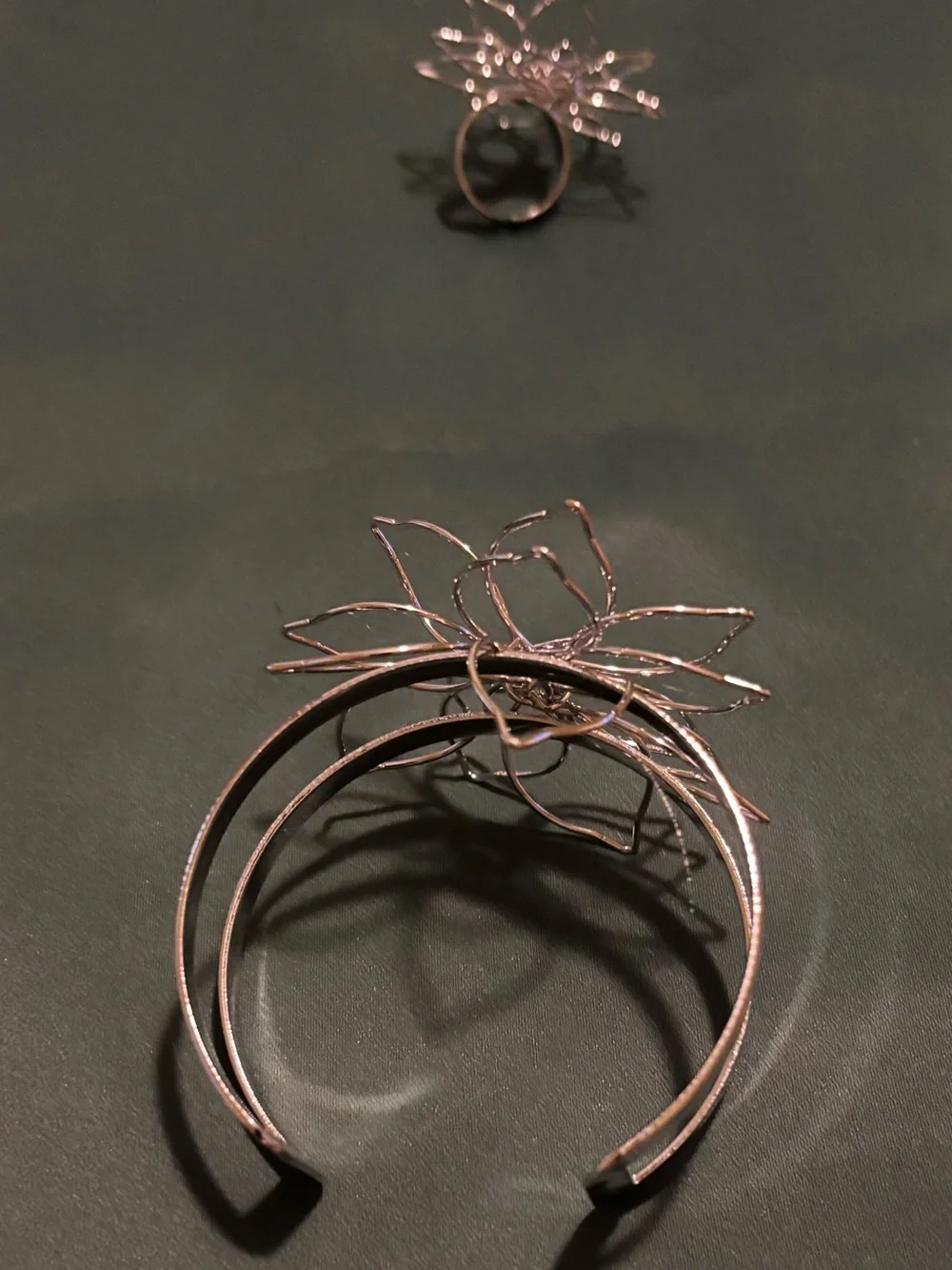 Sterling Silver, Black, and Gold Floral Wire Open Cuff Bracelets  -with ring set